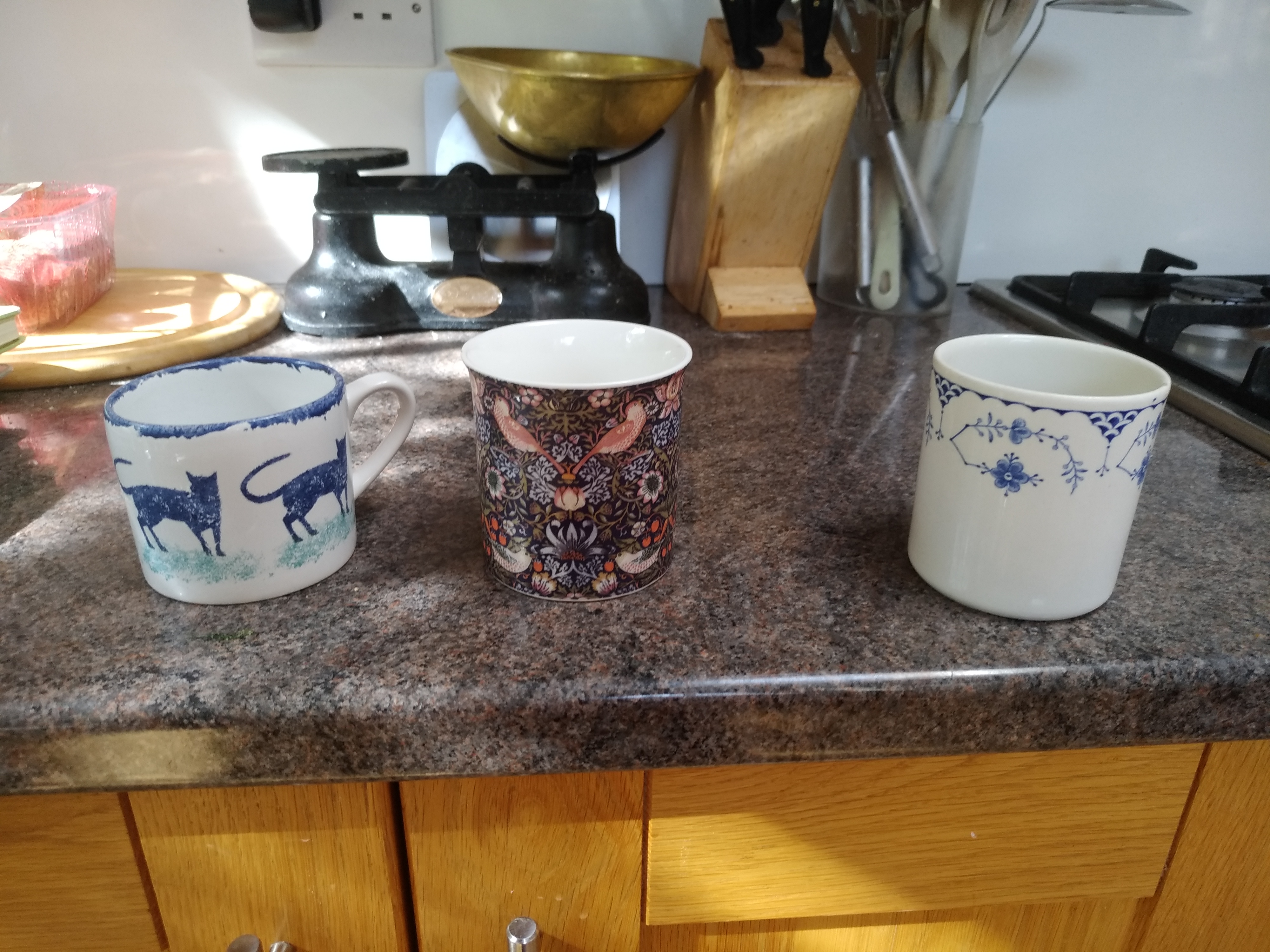 Mugs: Blue Cats, Strawberry Thief, and Blue Danish