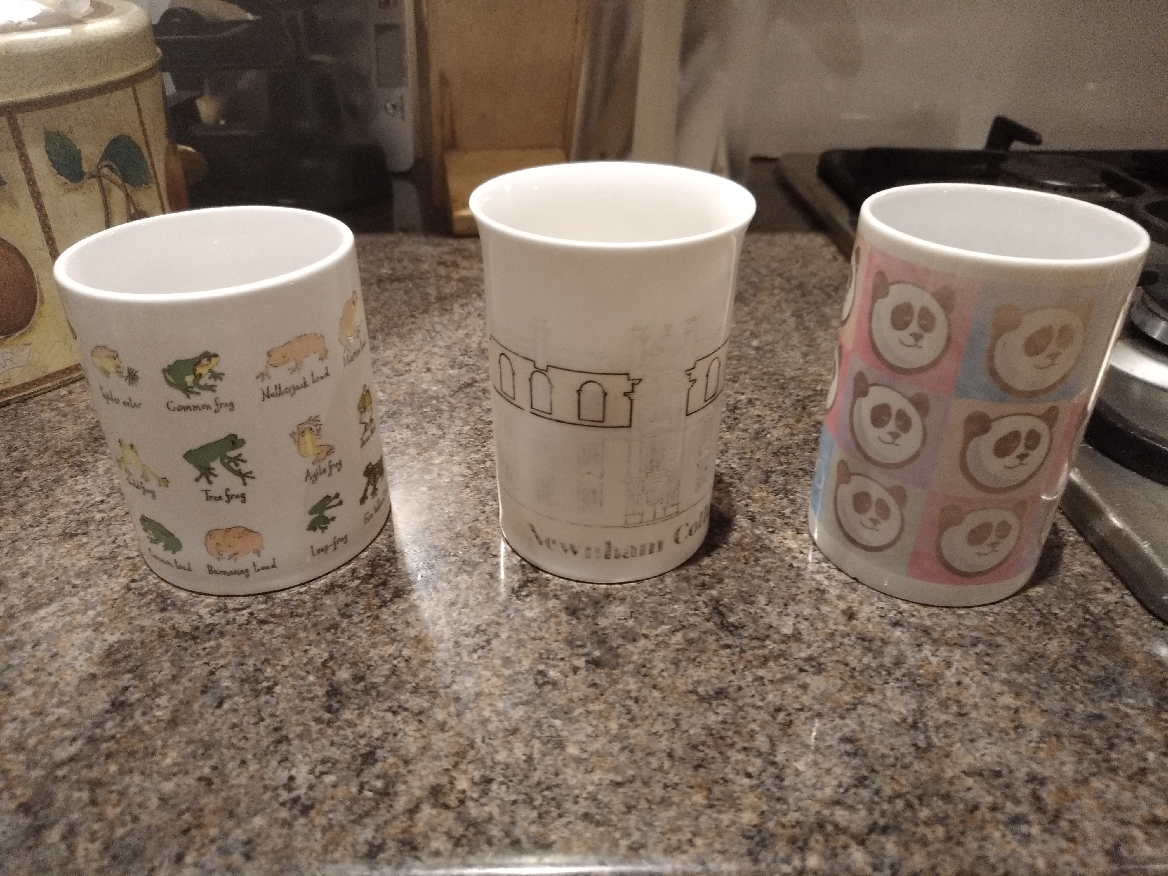 Mugs: Frogs, Newnham College, and Pandas from Edinburgh Zoo